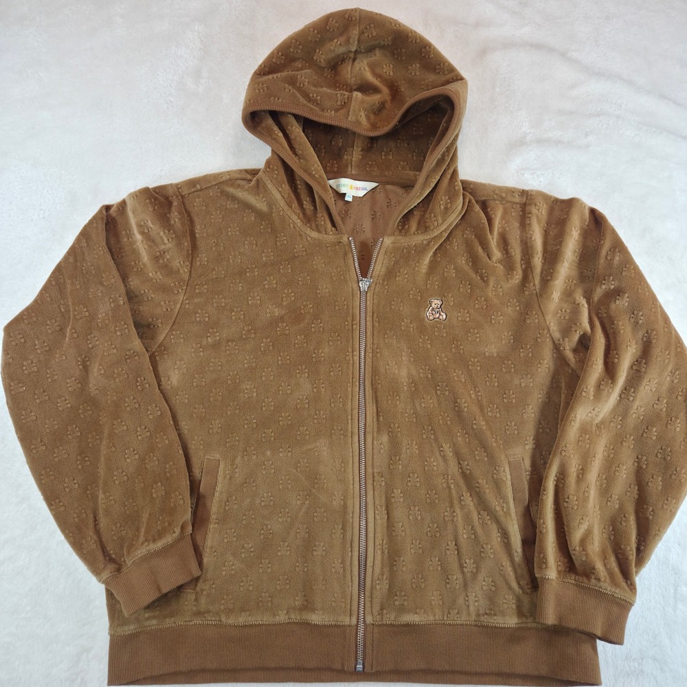 Teddy Fresh Womens Velour Bear Embossed Zip Up Hoodie 2XL Brown Cotton Blend